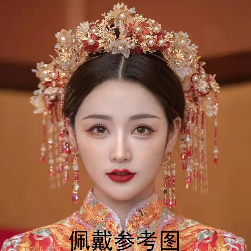 Chinese Wedding Xiuhe Bridal Ancient Dress Hair Accessories Red Classical Flower Phoenix Crown Head Hairpin Decoration Modeling