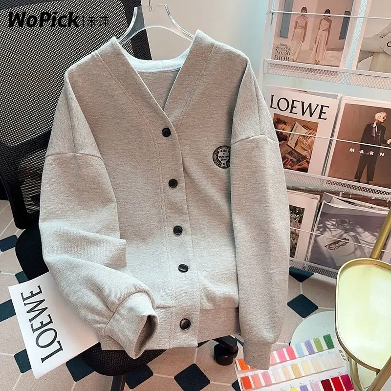 Retro Loose Relaxed V-neck Coat For Women's 2023 New Autumn/winter Design Sense Cardigan Coat Grey