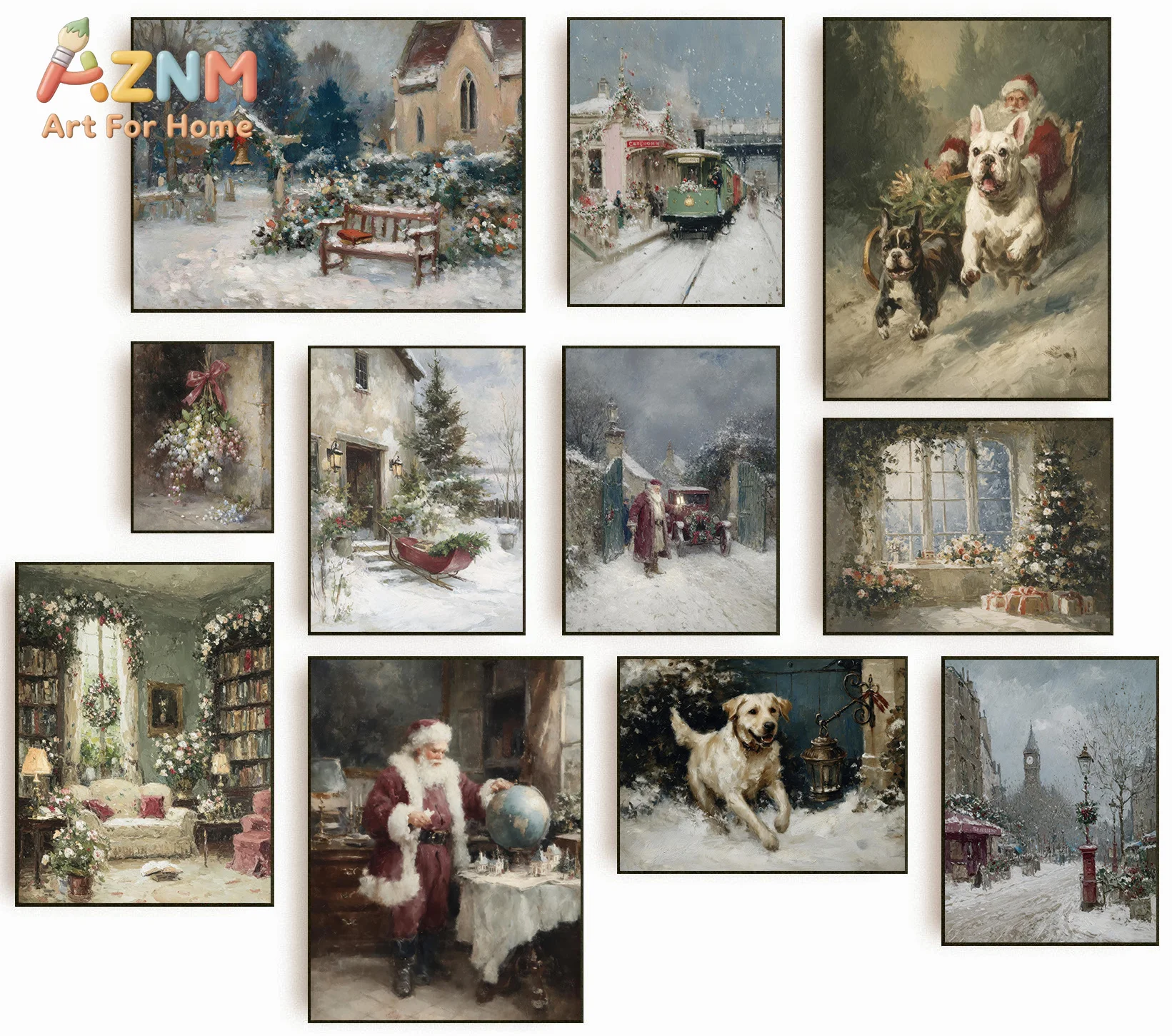 AZNM Vintage Christmas Oil Painting Canvas Wall Art Santa Sled Dog Snowy Cottage Winter Scenery Cozy Festive Unframed Canvas Hom