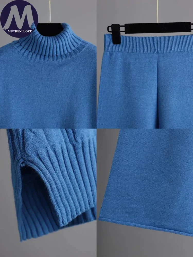 Set Dua Potong untuk Wanita 2025 Musim Gugur/Musim Dingin Set Sweter Pullover Kerah Tinggi Rajutan Baru Set Celana Kaki Lebar Longgar Kasual Fashion