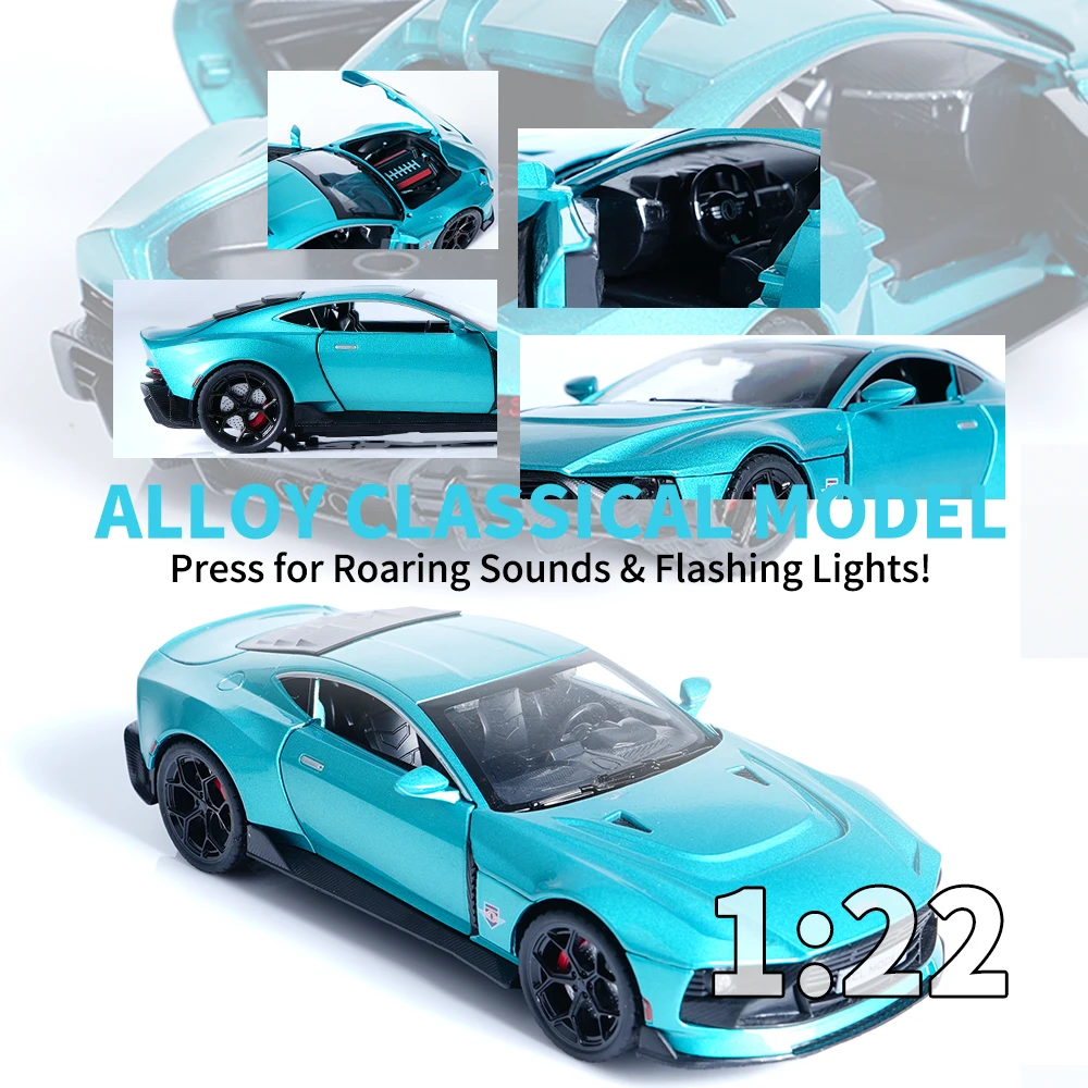 1:22 Scale Blue Alloy Car Model Toy (Batteries Sold Separately), with Pull-Back Action and Sound and Light Effects, 4 Doors Openable, Suitable for Car Enthusiasts to Play with | Collection | Display, for Home Use | Desktop | Party Decorations, Boy | Ideal Birthday Gift for Men, Best Gift Choice for Holidays (Christmas, Halloween)