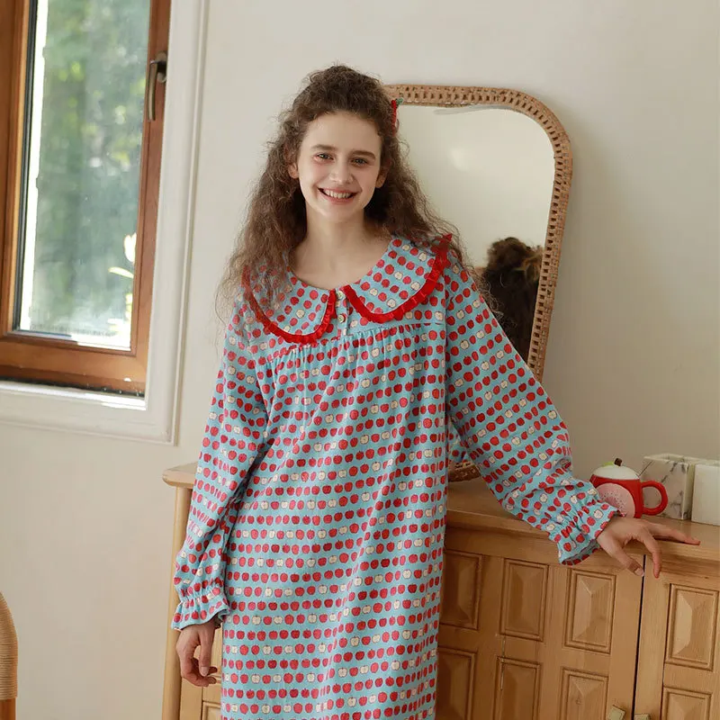 فستان نوم نسائي 100% من القطن المصقول بأكمام طويلة وياقة الدمية الحلوة قمصان نوم مطبوعة تصميم فضفاض ملابس نوم متوسطة الطول