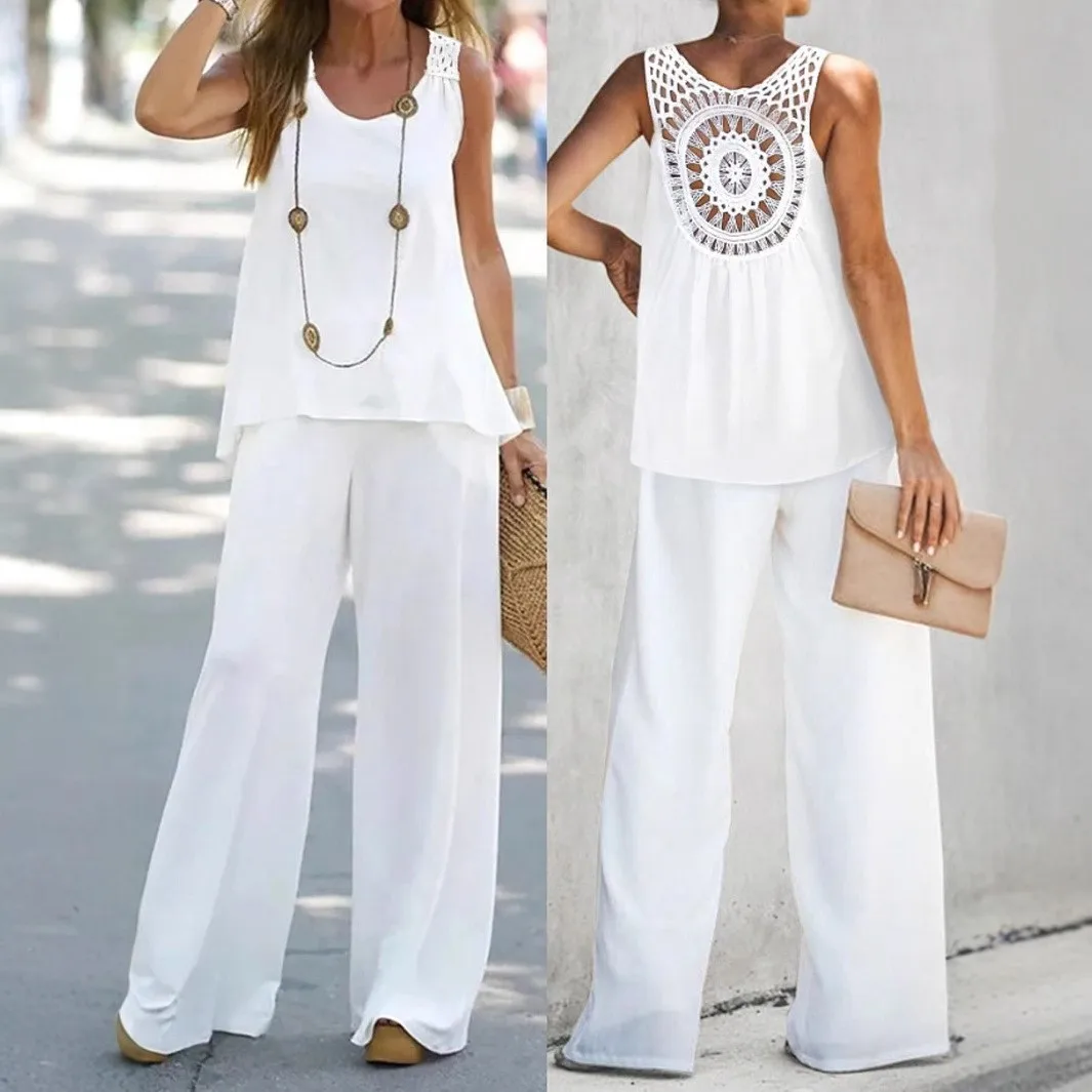 

Women Casual Solid Color Floral Suit With Hollow Back Vest Tank Tops And Pants Two Piece Set