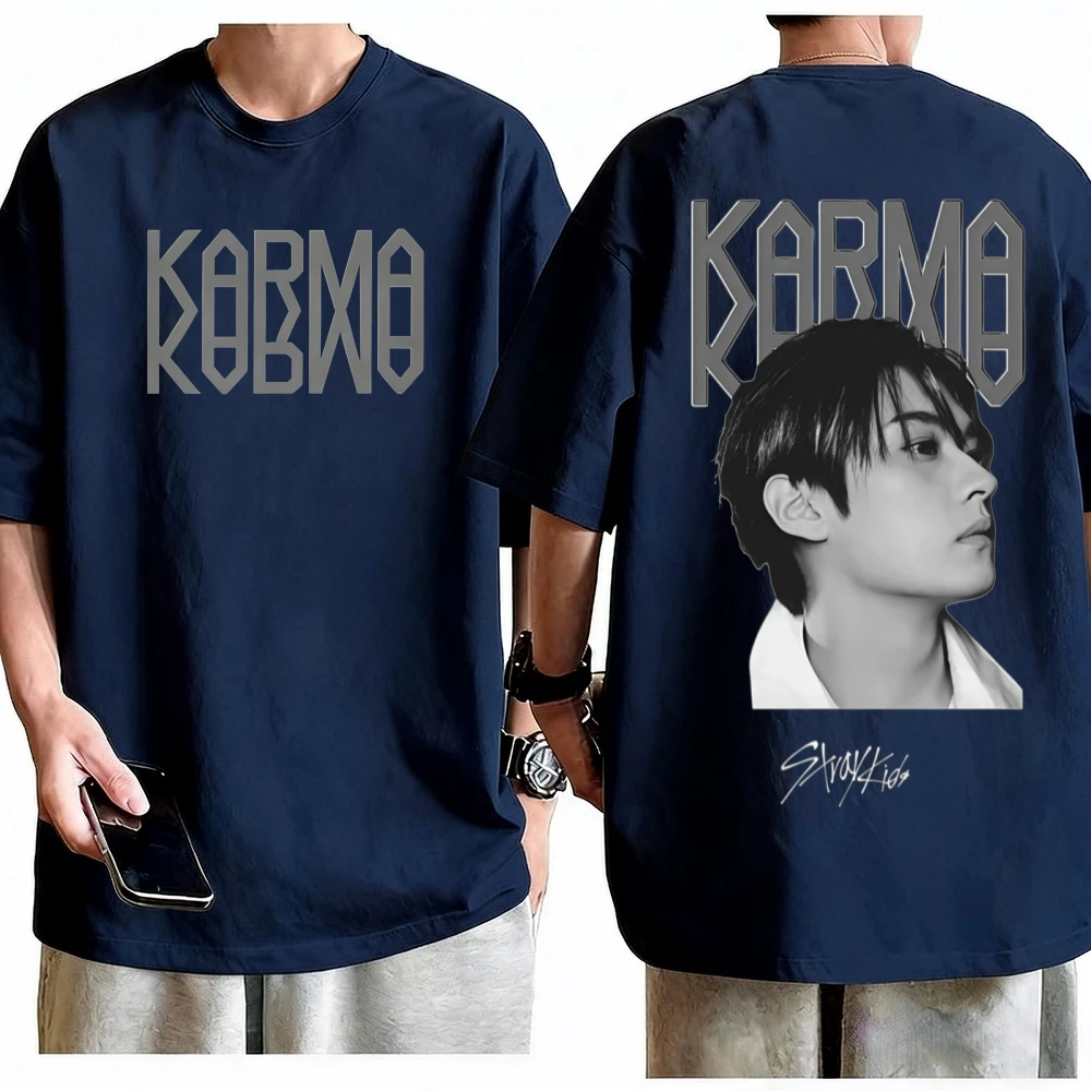 Unisex Stray Kids Karma Double Sided Y2K Aesthetic Portrait T-Shirt 100% Cotton Crew Neck Short Sleeve K-Pop Casual Graphic Top