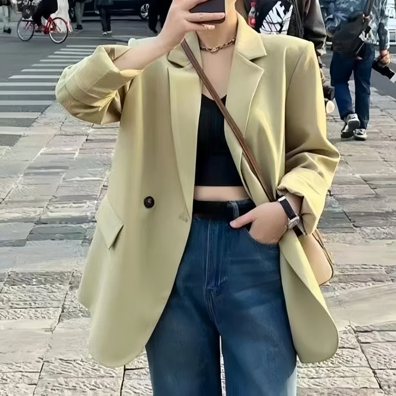 

REALEFT весенне-осенний свободный женский пиджак с карманами, новинка 2025 года, однотонный элегантный повседневный офисный пиджак с длинными рукавами на одной пуговице, женская верхняя одежда