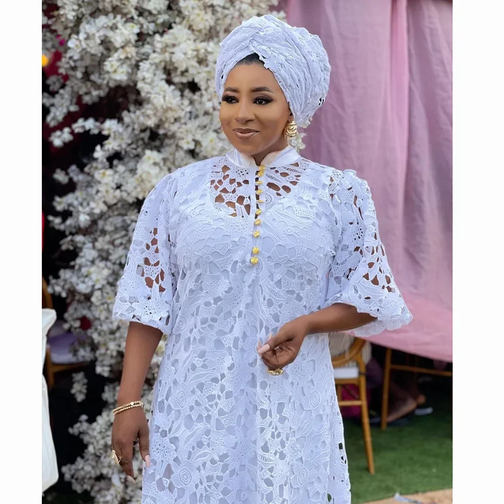 White Lace Hollow Out Flower African Dresses for Women Africa Dashiki Boubou Robe Dubai Abaya Muslim Dress with Inner Kaftan Set