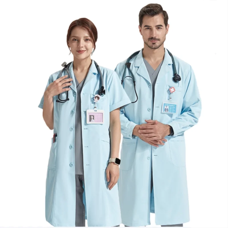 Short Long Style Nurse Doctor Work Clothes Blue Lapel Simple Lab Coat Unisex Spa Dentist Medical Uniforms Women Men White Coat