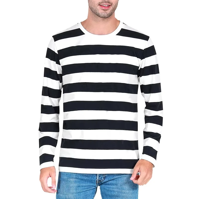 Neues modisches Kontraststreifen-3D-Print-Langarm-T-Shirt für Herren, lässiges, modisches O-Neck-Oversize-T-Shirt, Oberteile aus Polyester, Herrenbekleidung