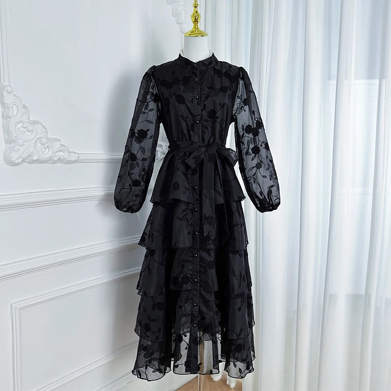 Outono retro sólido vestido feminino bordado impresso renda em camadas vestido único breasted gola mangas puff com cordão