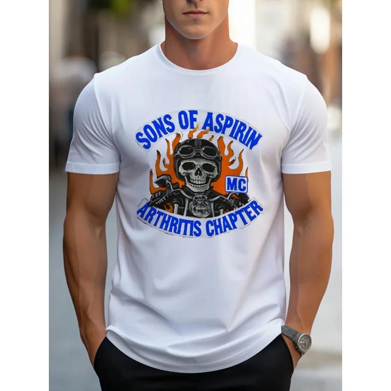 تي شيرت رجالي أبيض أبناء أسبرين MC التهاب المفاصل الفصل الجمجمة لهب مطبوعة نمط قطن عالي الجودة 180 جرام
