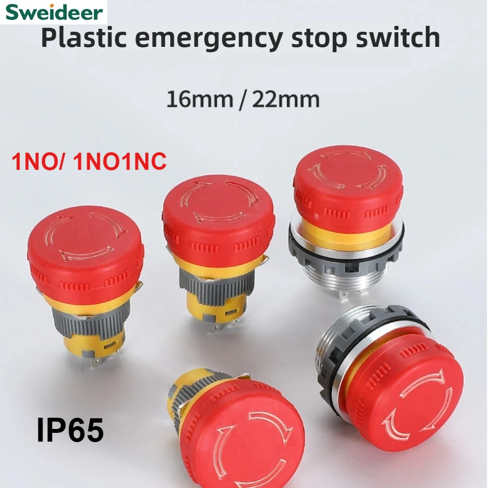 16/22mm Plastic Short Emergency Stop Power Push Button Switch Anti-slip IP65 Waterproof Mushroom Head Rotation Reset 1NO/1NO1NC