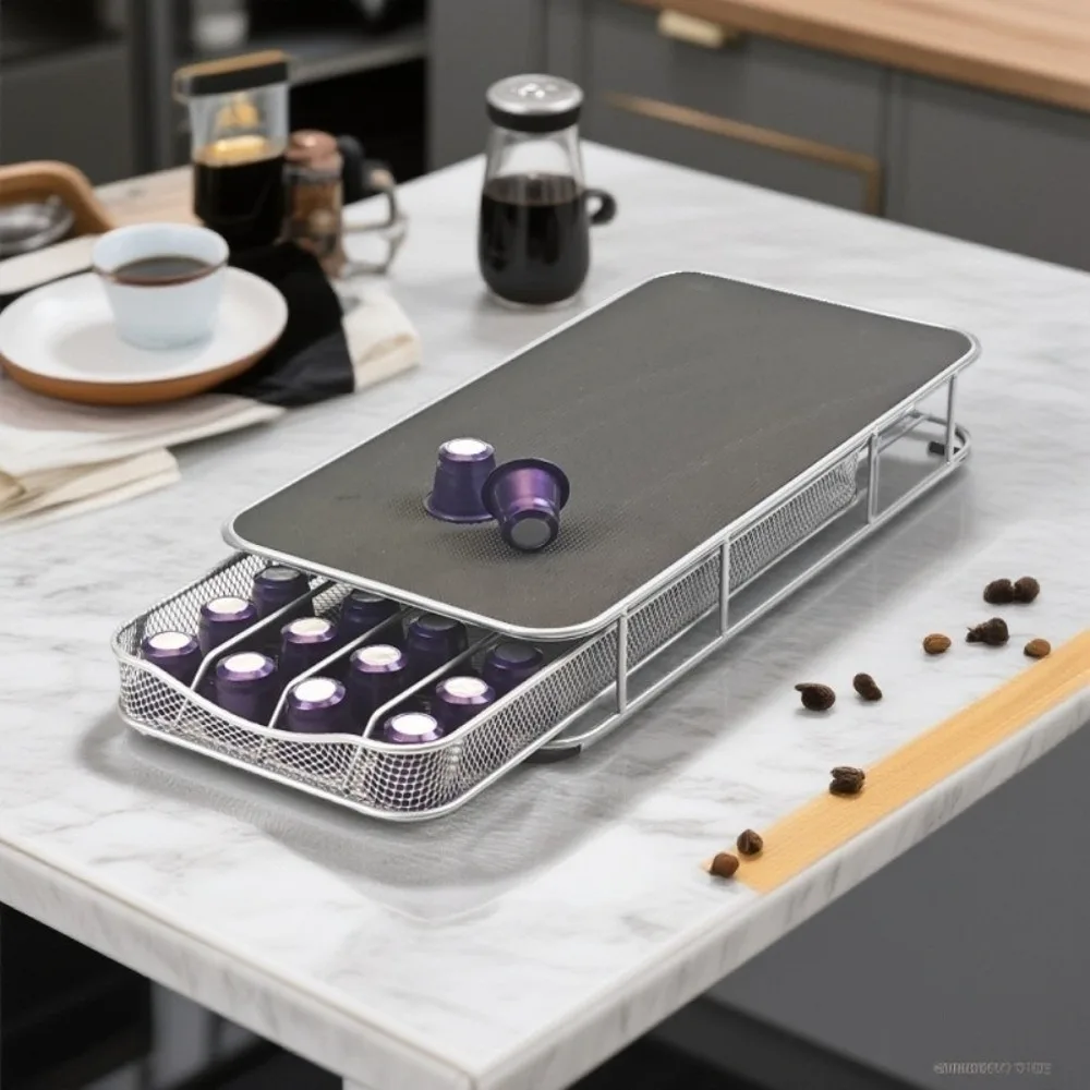 Metal Coffee Capsule Display Rack Anti-Slip Large Capacity Coffee Capsules Organizer Pull-Out Drawers