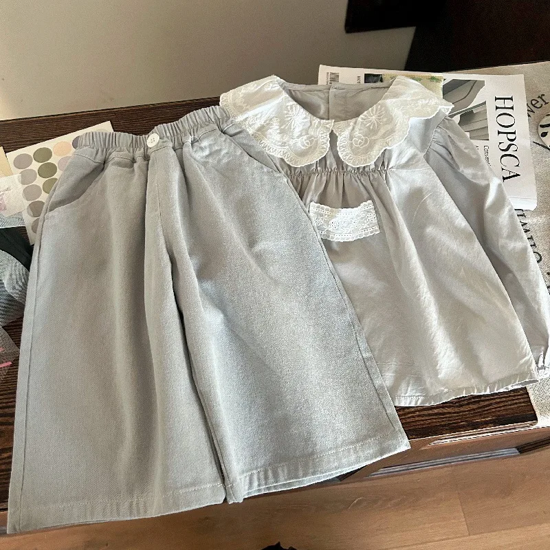 Wide-leg Pants Casual Cotton Grils Children Korean New Fashionable Spring Autumn Soft Comfortable Solid Sweet Light Blue
