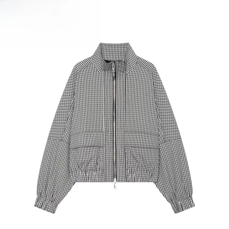 Fashionable Checks Loose Fit Collar Coat for Women Autumn Winter Polyester Fiber Long Sleeve Zippered Entry Regular Length
