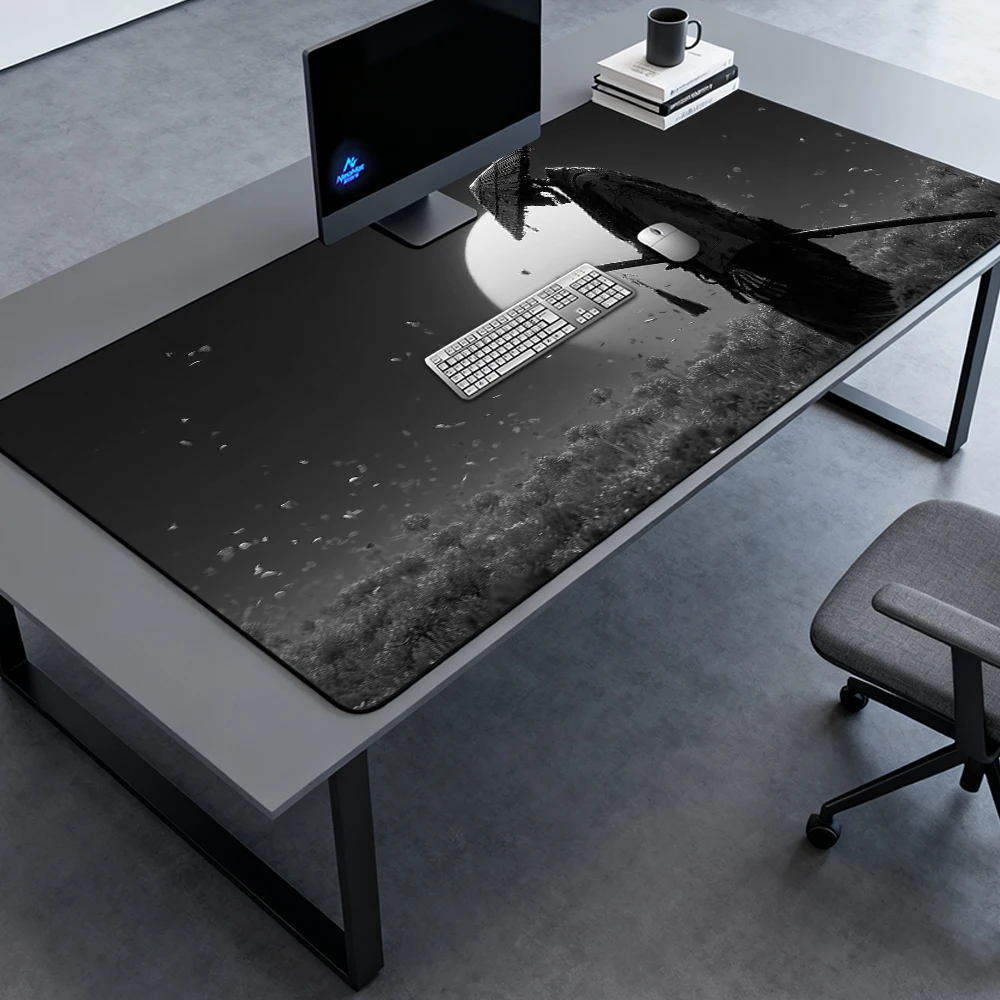 Japanese Desk Mat Gaming Laptop Samurai 160x60 1800x600 Black Moonlit White Field Aesthetic Mousepad Accessories Full Desk