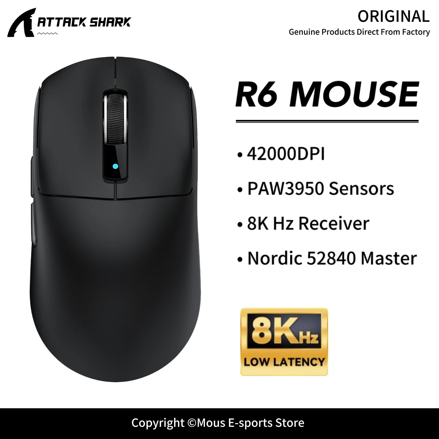 R6 ATTACK SHARK Tri-Mode 8KHz Gaming Mouse 42000DPI Nordic52840 750IPS 50G lce-Coating Web Driver Wireless for Gaming