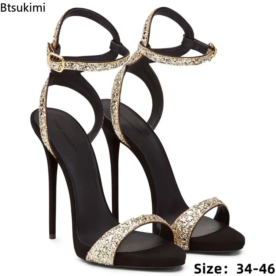 New Summer Round-headed Shining Sequins Sexy Sandals Fashion Stiletto High-heeled Banquet Dress Women's Shoes Large Size 34-46