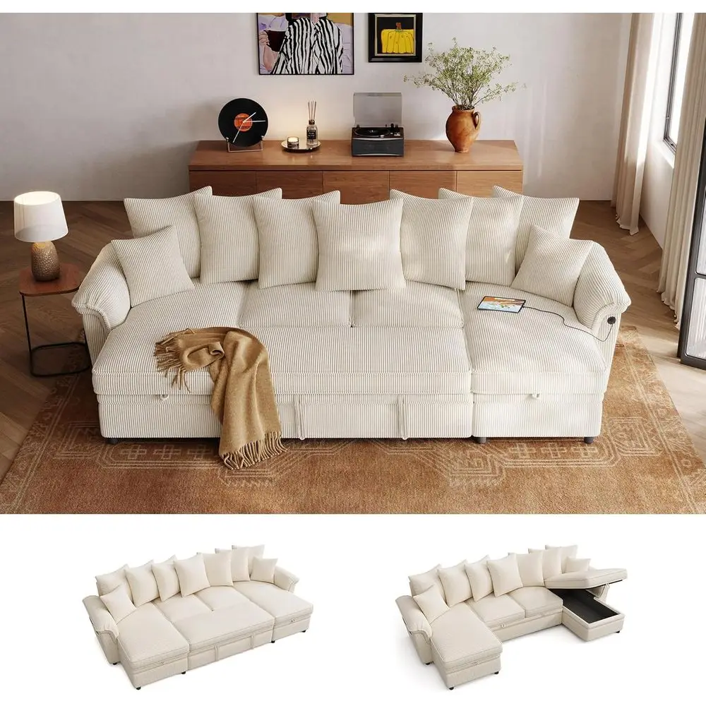 Beige Oversized Sectional Sleeper Sofa with Pull-Out Bed, USB Ports, Pillow Arms, Storage, Corduroy Fabric