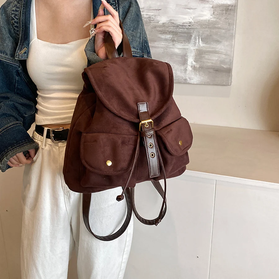 New retro suede backpack for women large-capacity chic y2k backbag for commuting flip schoolbag college style mochila Sac A Dos