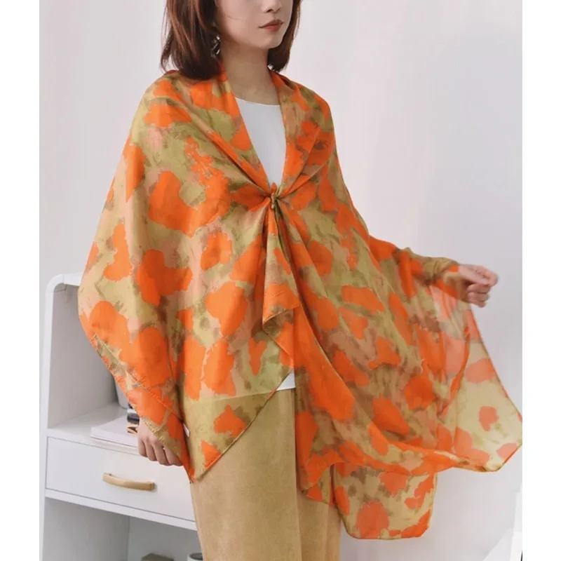 Lightweight Large 100% Mulberry Silk Scarf for Women Oblong Shawl Neck Scarf Beach Wrap Headscarf Gift Pack Red-orange printed