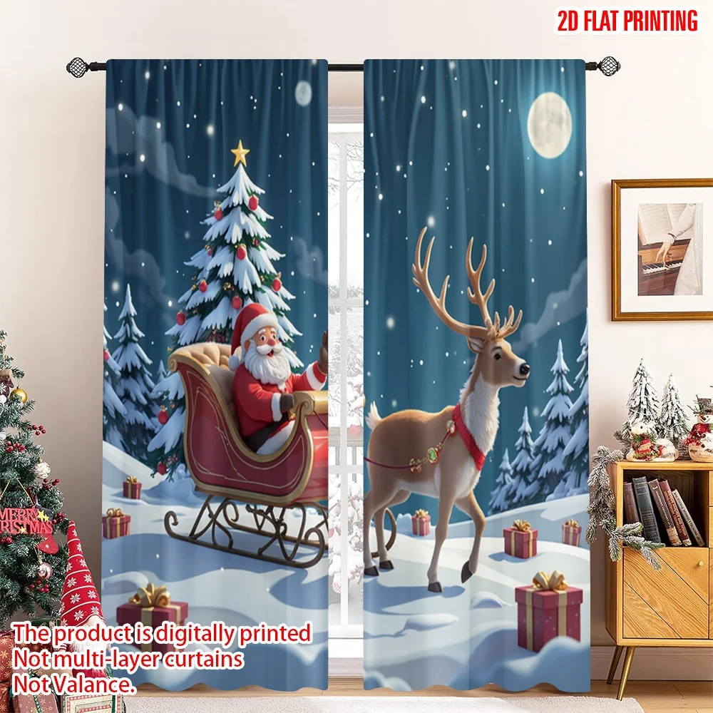 

2pcs 2D flat printing Christmas Window Drapes Santa Sleigh Christmas Tree Gifts Polyester Without Electricity Party Decorations