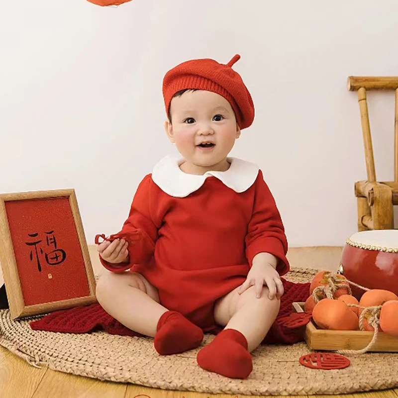 

Chinese Style Baby Girl Photography Costume Crocheted Hat + Jumpsuit Set 3-5 Months Baby Bodysuit Studio Photo Shooting Clothing