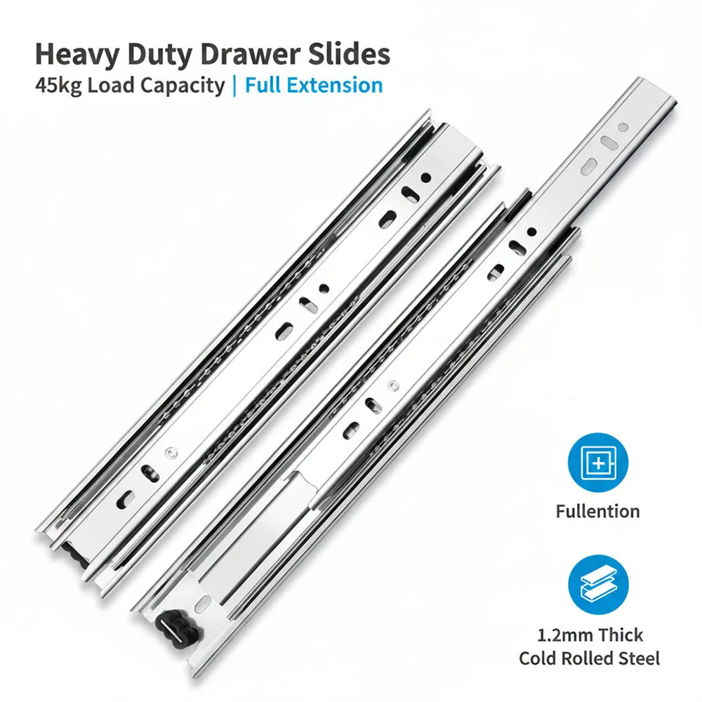 

45mm Wide 3-section Thickened Drawer Slides Ball Bearing Rails For Cabinet & Furniture Cold Rolled Steel Load Capacity Up To45kg