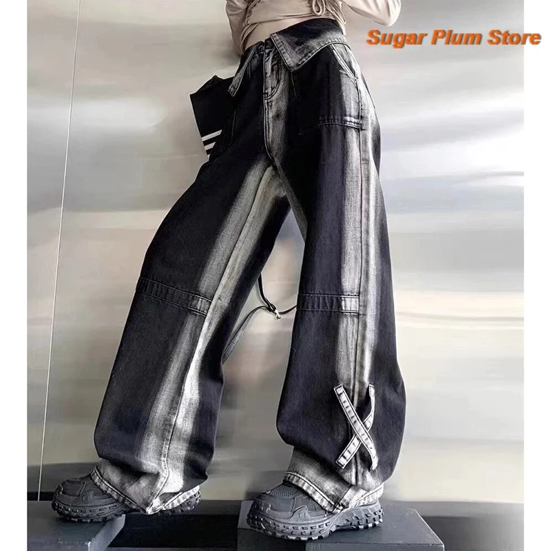 American Retro Flanging Gradient Jeans Women's Autumn and Winter New Wide-leg High-waisted Leisure Trend Loose Slim Trousers