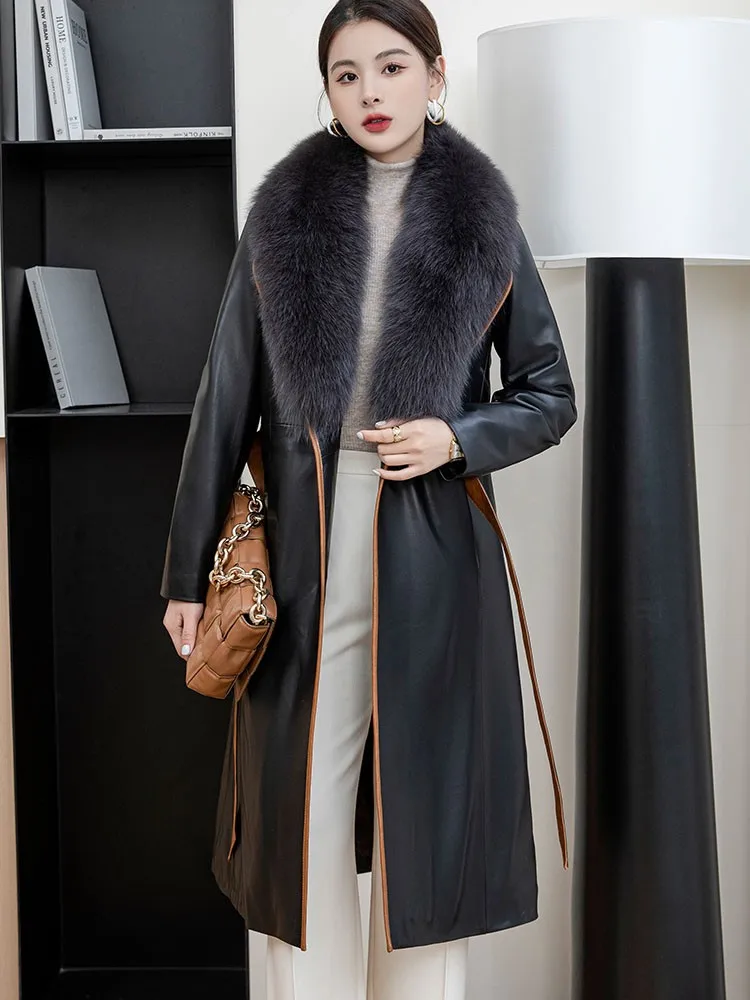 Winter Women Knee Length Real Sheepskin Down Coat Fox Fur Collar Detachable Overcoat Single Button Sashes Slim Fit Windbreaker