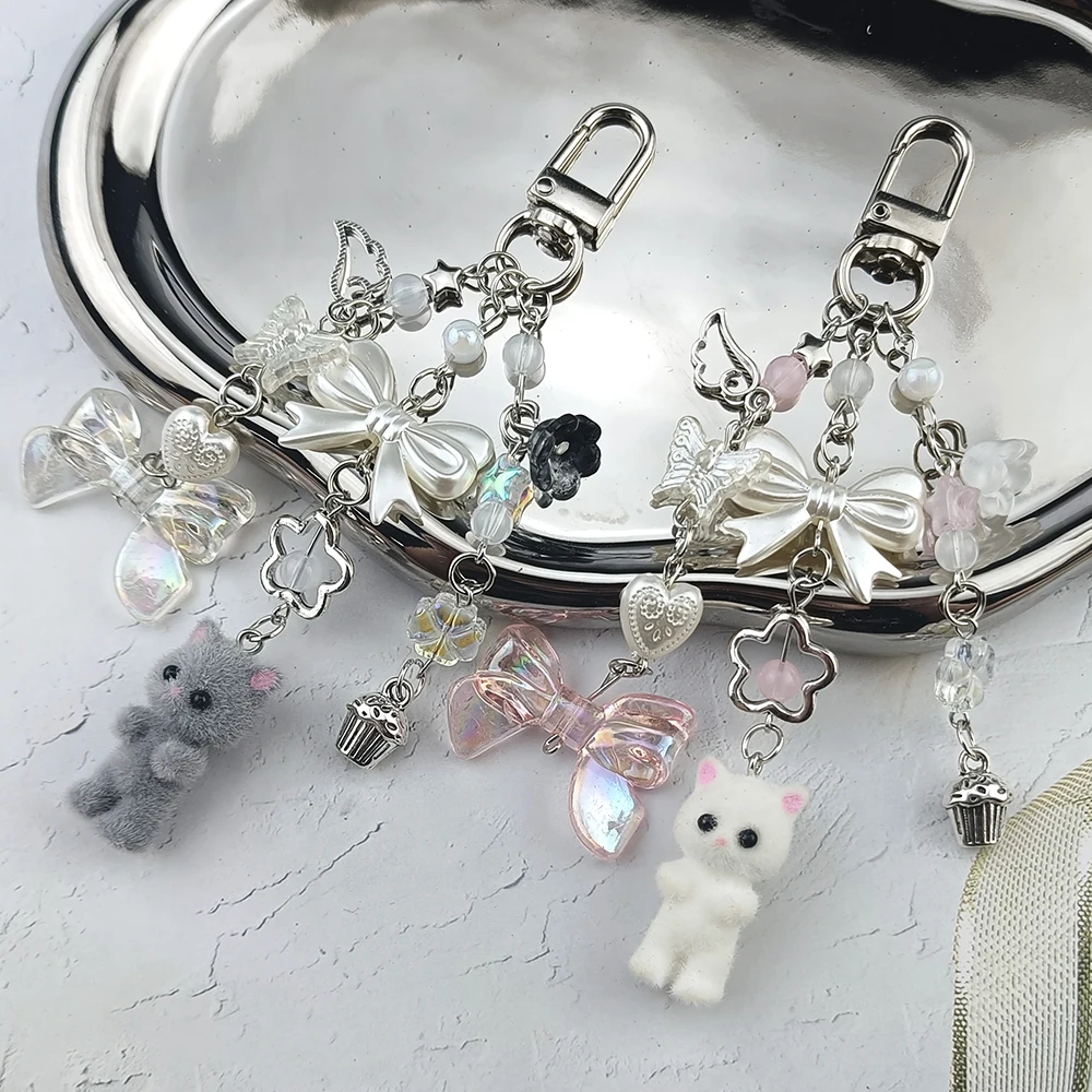 Neue Nette Beflockung Simulation Tier 3D Katze Schlüsselbund Mädchen Bowknot Perlen Schlüssel Ring Kette Nette Tasche Geldbörse Handys Schlüsselring