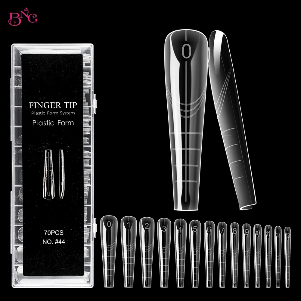 

BNG Coffin Dual Forms Очень длинные многоразовые акриловые формы для наращивания ногтей, твердые твердые гелевые формы для наращивания ногтей, 14 размеров, 70 шт.