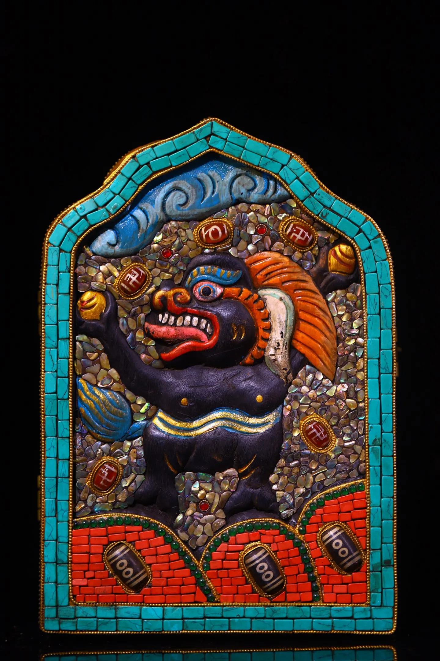 Old Bronze Painted Mosaic Gem gZi Beads Turquoise Scripture Pattern Buddha  Bell Vajra Amulet Beast Pattern Bodhi Root Box