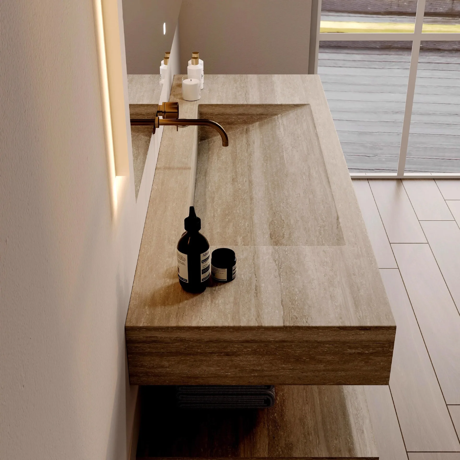 Custom Sintered  Integrated Seamless Basin Bathroom Cabinet Combination Travertine Washbasin, Washbasin, Sink, Hotel Double