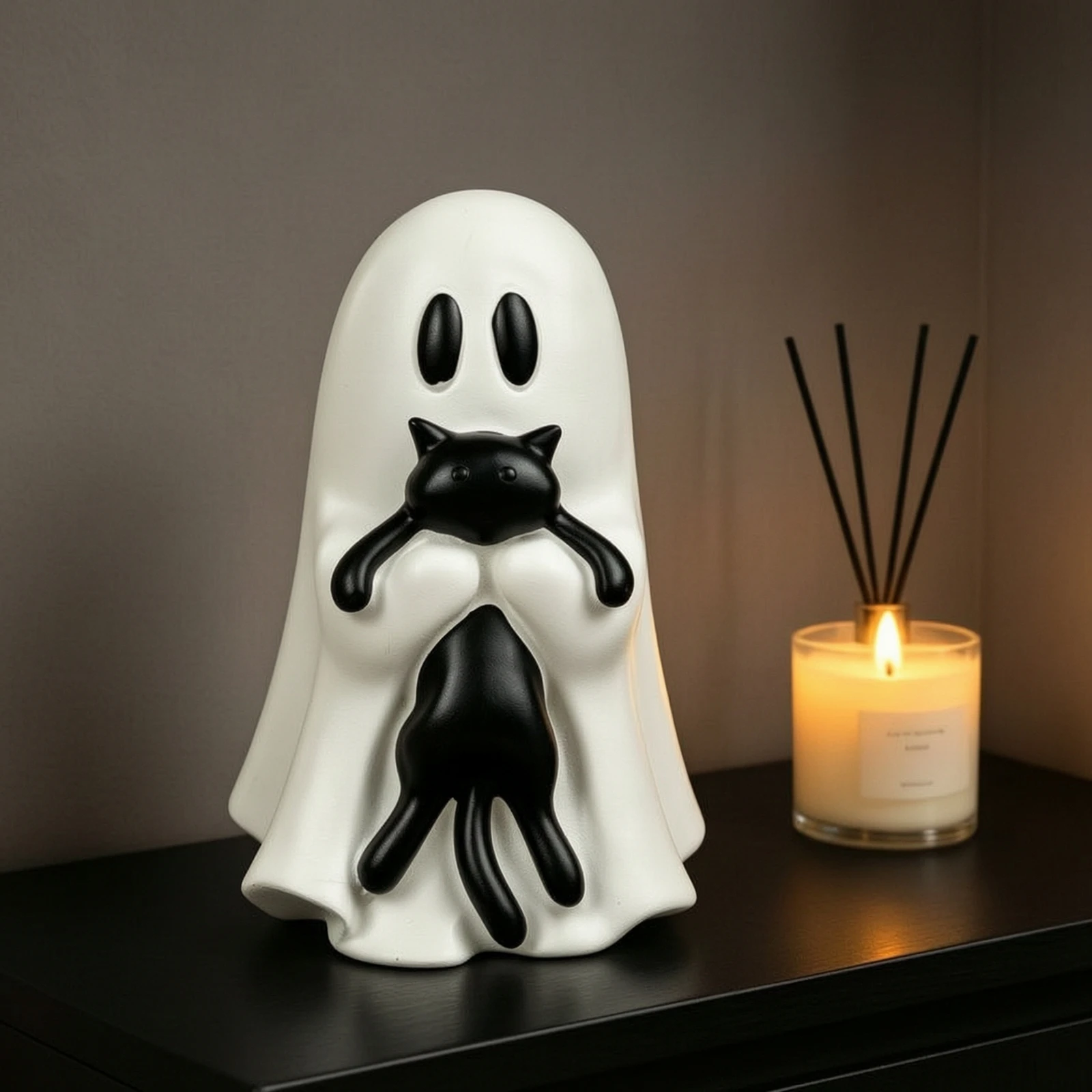 Ghost with Black Cat Festive Ghost Cat Figurine Decoration Spooky Decor Adorable for Shelf, Desk view 6