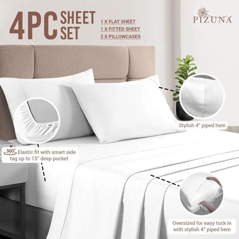 100% Cotton Sheets King Size, Luxurious 400 Thread Count Long Staple Cotton Sateen Sheets King with 15" Deep Pocket