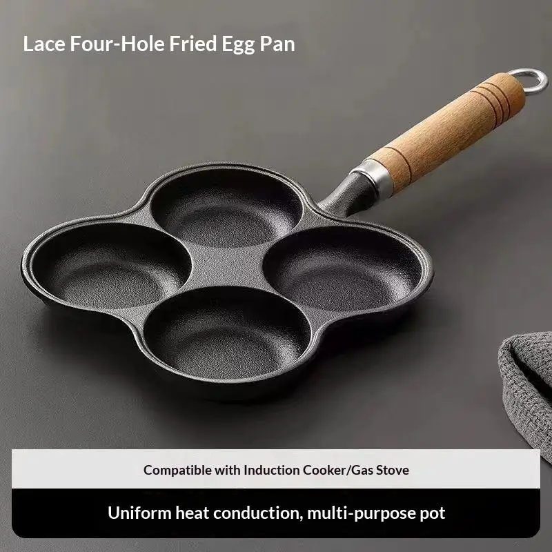 [S]1Pcs Eggs Burger Skillet 4 Grid Cast Iron Frying Pan Non-stick Flat-bottom Pot Breakfast Bread/Steak Pan Kitchen Cookware