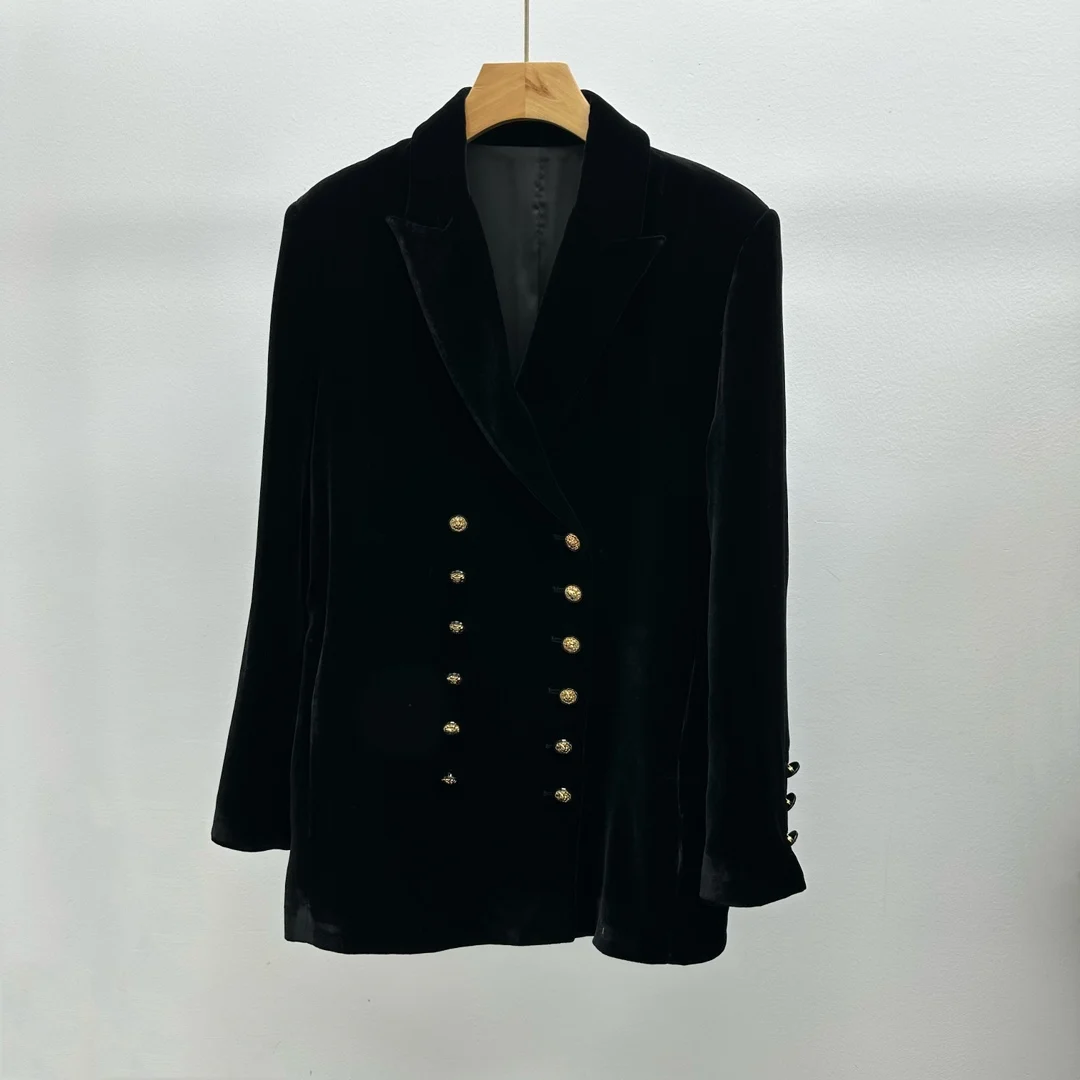 Women's Clothing Velvet double-breasted lapel blazer with gold buttonsWinter New  NO.3