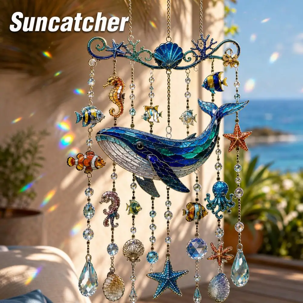 Ocean Wind Chimes Dolphin Turtle Whale Crystal Suncatcher Acrylic Hanging Pendant Garden Yard Balcony Outdoor Home Coastal Decor