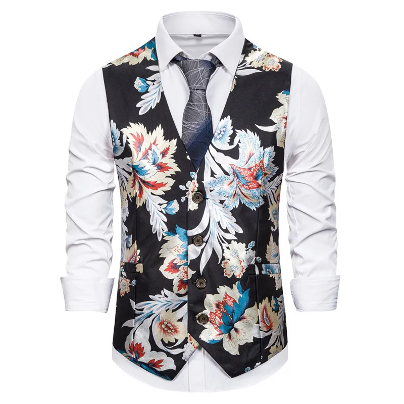 Bronzing Mens Floral Waistcoat Wedding Sleeveless Slim Fit Paisley Floral Slim Fit Top Quality Dress Vests For Men Gilet Costume