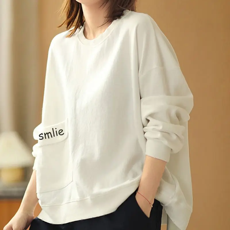 Women Trendy Streetwear Letter Embroidery Pocket Oversize Sweatshirts Y2K Female Simple Casual O Neck Loose Cotton Pullover Tops