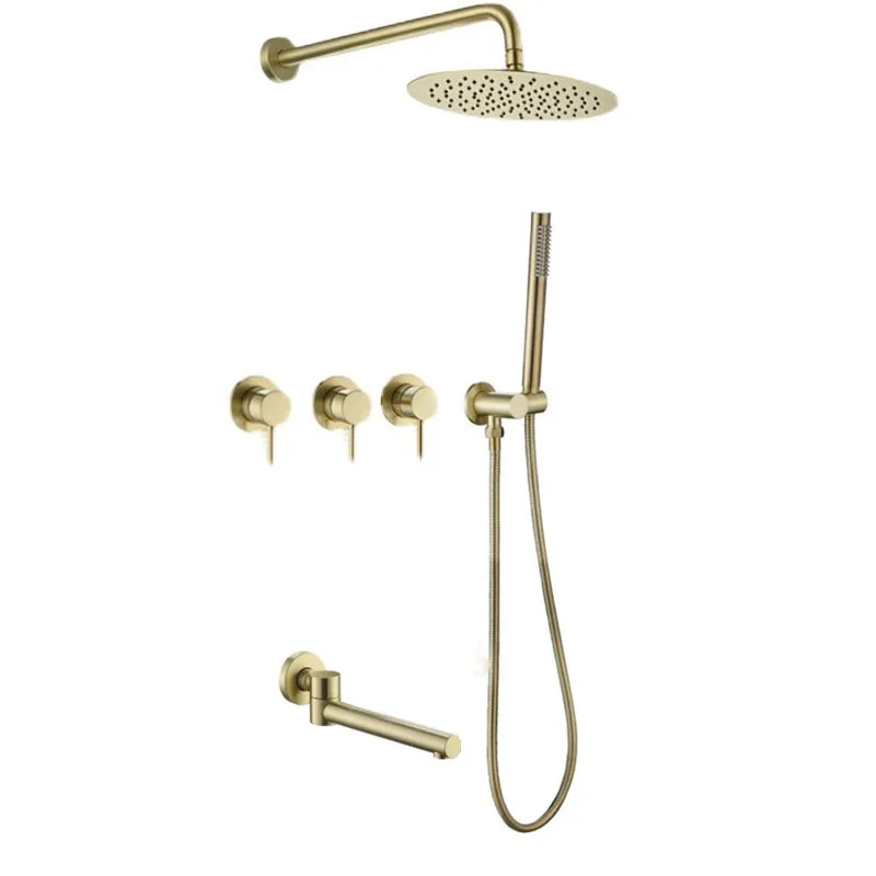 

Brushed Gold Shower Faucet Wall Mount Big Rainfall Head Hand Sprayer Bathtub Taps Bath Shower Mixer Set System