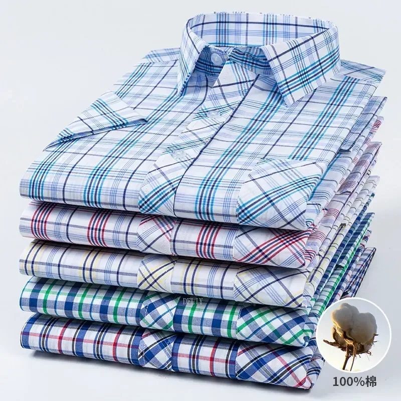 

2023 Pure Cotton Mens Short Sleeve Plaid Summer Thin Checkered Slim Fit Male Casual Social Shirts Men's Clothing Blouses