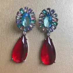 Bilincolor Fashion Red Cubic Zirconia Drop Earring for Women Wedding Jewelry