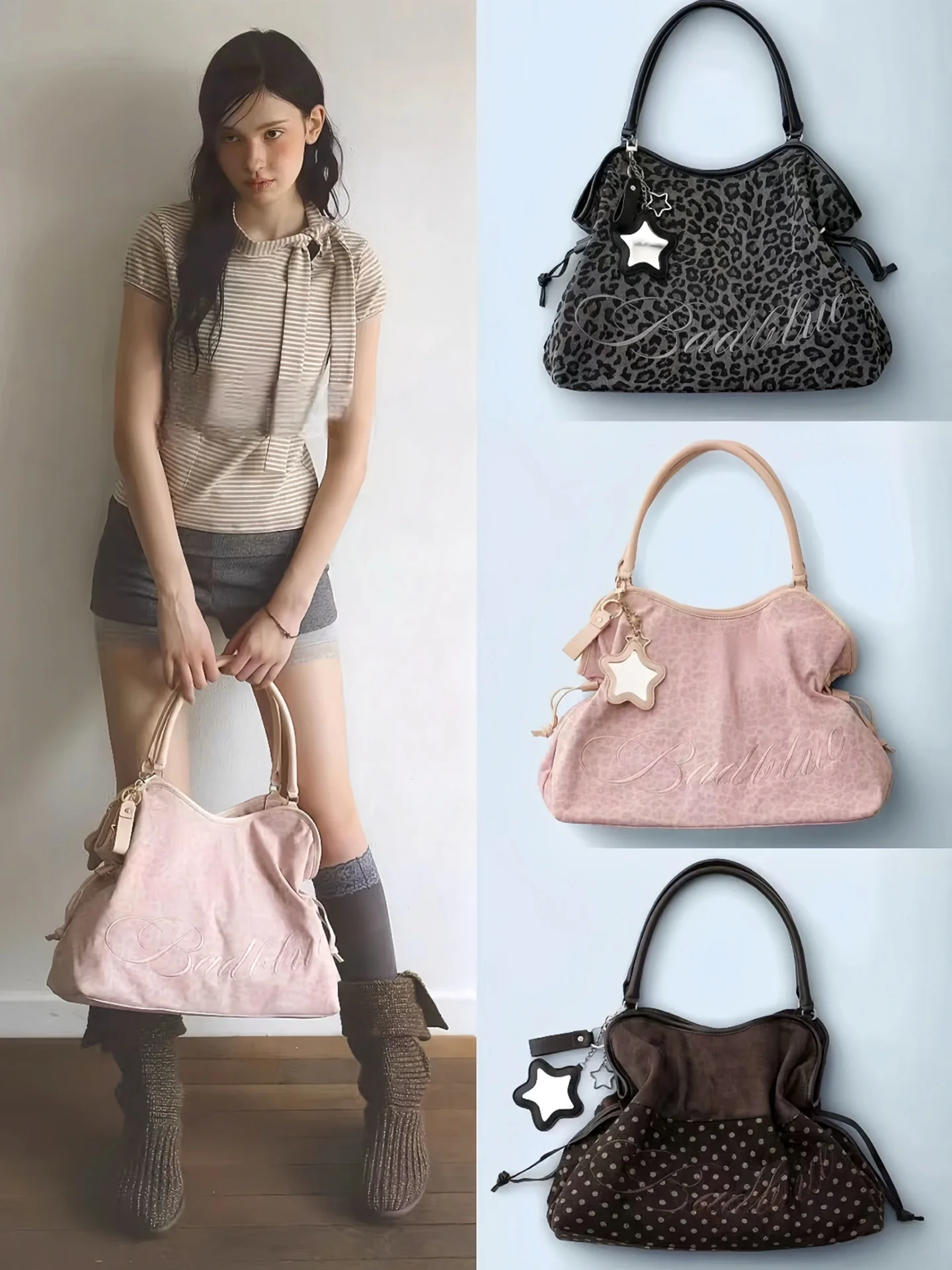 

Новая сумка-тоут BadBlue с вышивкой, леопардовым принтом и в горошек, в стиле ретро, для повседневного использования, мягкая, складная, большого размера, женская.