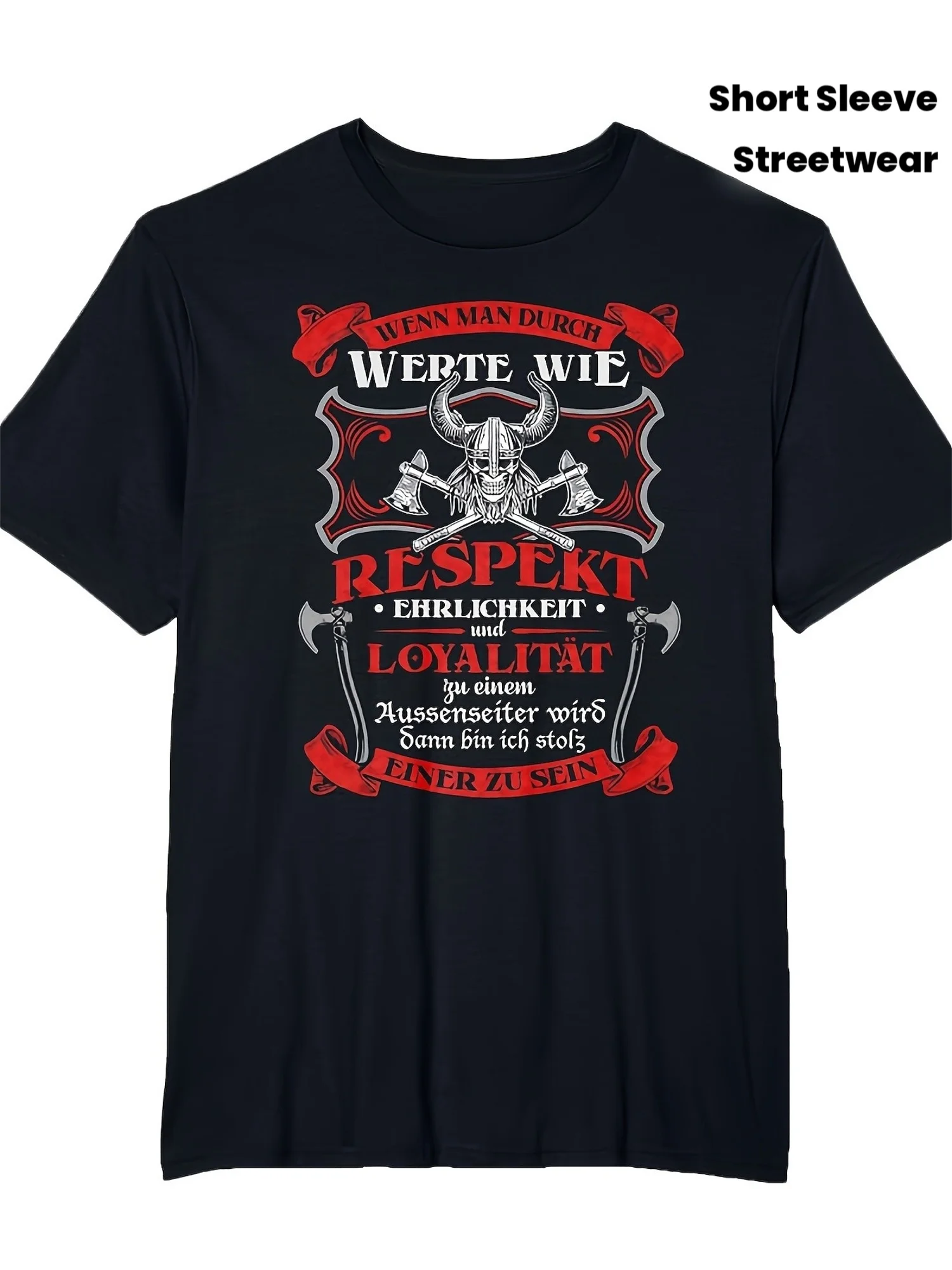 Plus Size Men'S And Valhalla Nordic History T-Shirt - Black Crew Neck Short Sleeve, Printed with Axes And Skull Patterns, Along with Words German Loyalty, Unisex, Collectible T-Shirt