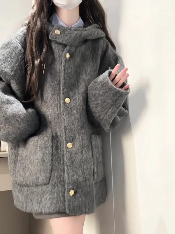 

Шерстяное пальто Deep ey для женщин, свободного кроя, в корейском стиле, осенне-зимнее, новинка, из полиэфирного волокна, большие размеры, с капюшоном