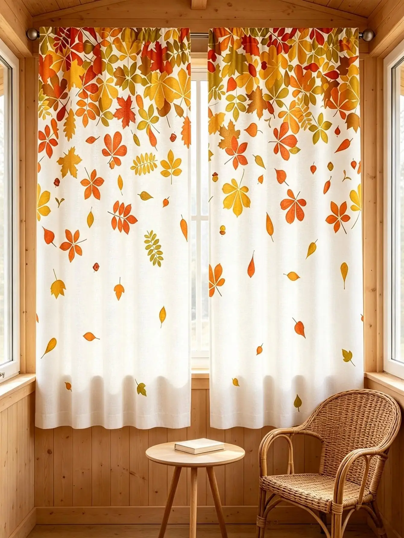 2PCS Digital Print Curtain, Scattered Autumn Leaves Fall Pattern, Simple Seasonal Foliage for Living Room Bedroom Decor