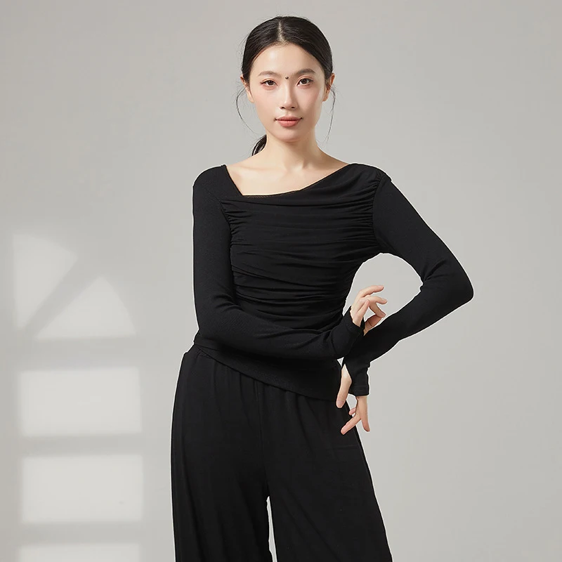Modern Line Dance Top Women Short/Long Thumb Finger Sleeve Training Tops Spliced Pleated Mesh Blouse Yoga Stage Practice Clothes