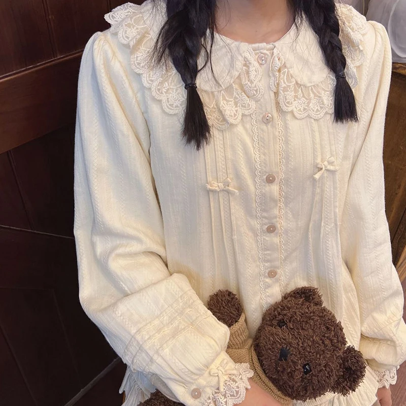Lolita Cute Whit Shirt Women Sweet Long Sleeve Vintage Kawaii Blouse Japan Preppy  Jk Harajuku Y2K Vintage Cosplay Top