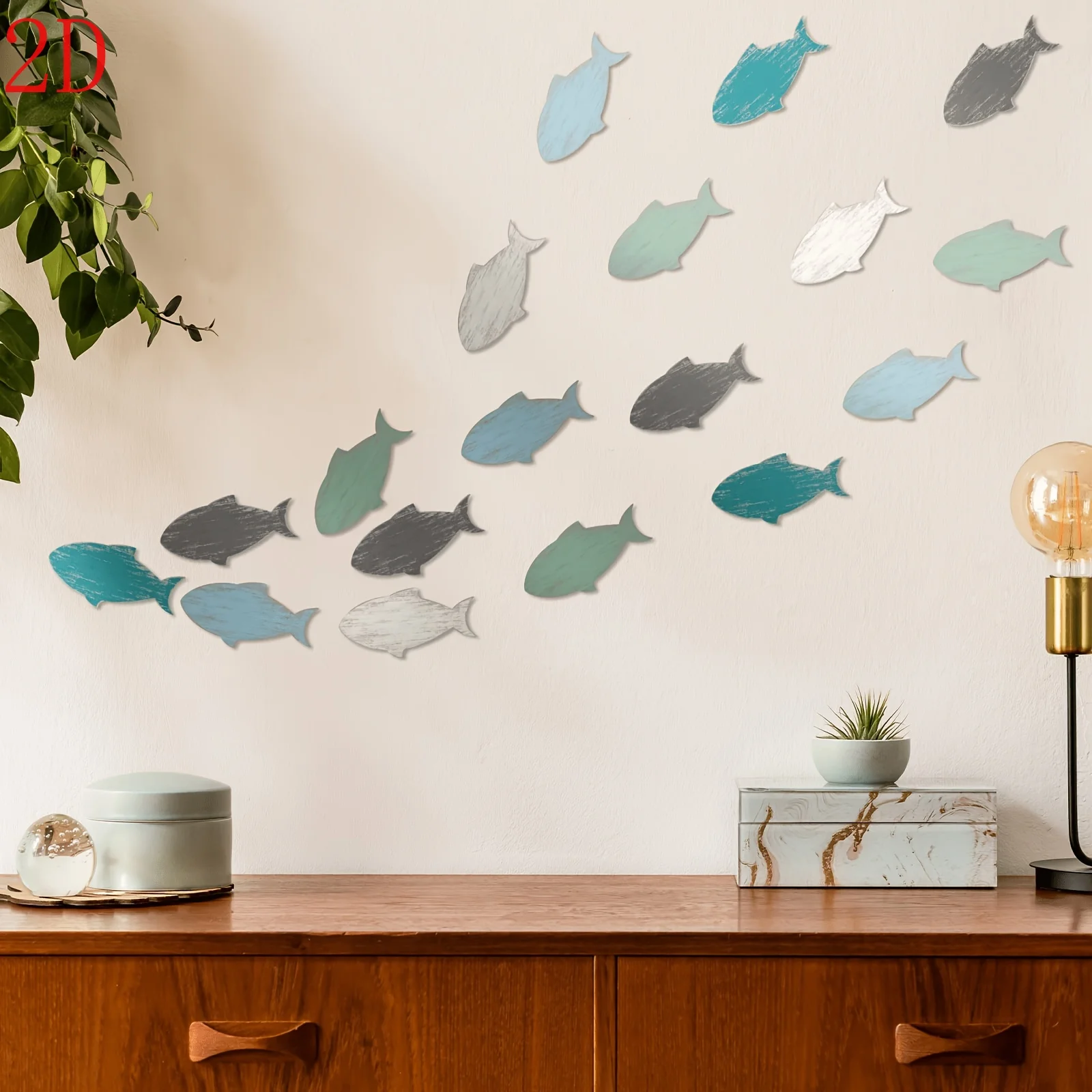 20pcs Vintage Distressed Wooden Fish Wall Decor, Coastal School of Fish Wood Wall Art Nautical Hanging Plaque for Beach House